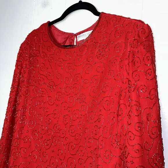Valerie Stevens Pure Silk Vintage Women’s Heavy Beaded Top Holiday Party Red 14 - Picture 3 of 7